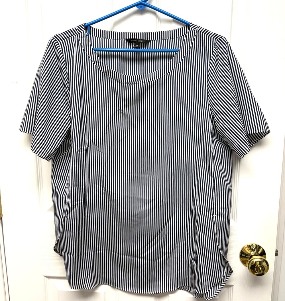 Banana Republic Blouse Navy Blue White Striped Short Sleeve Women's Size M